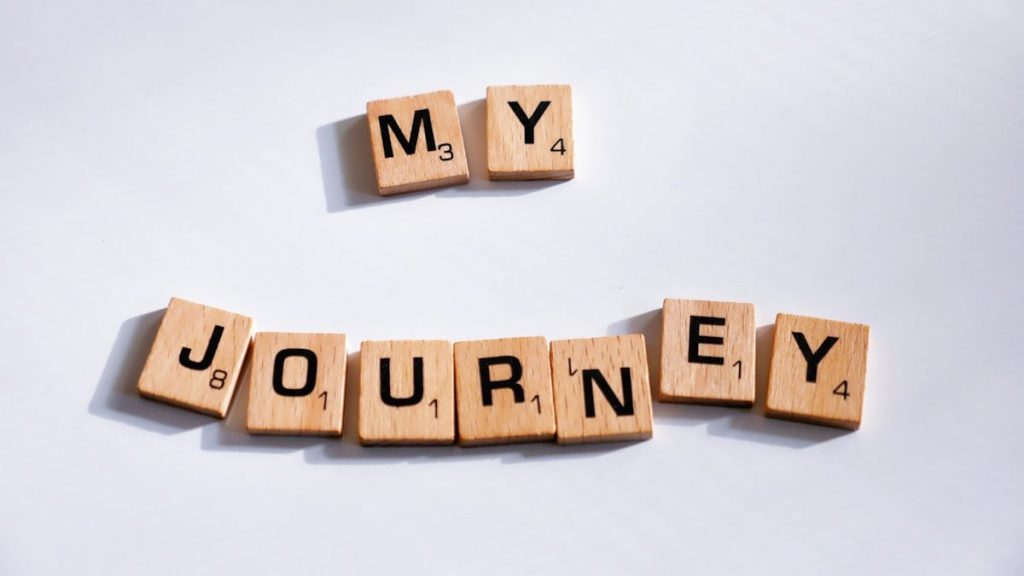 a scrabble of scrabble letters spelling my journey